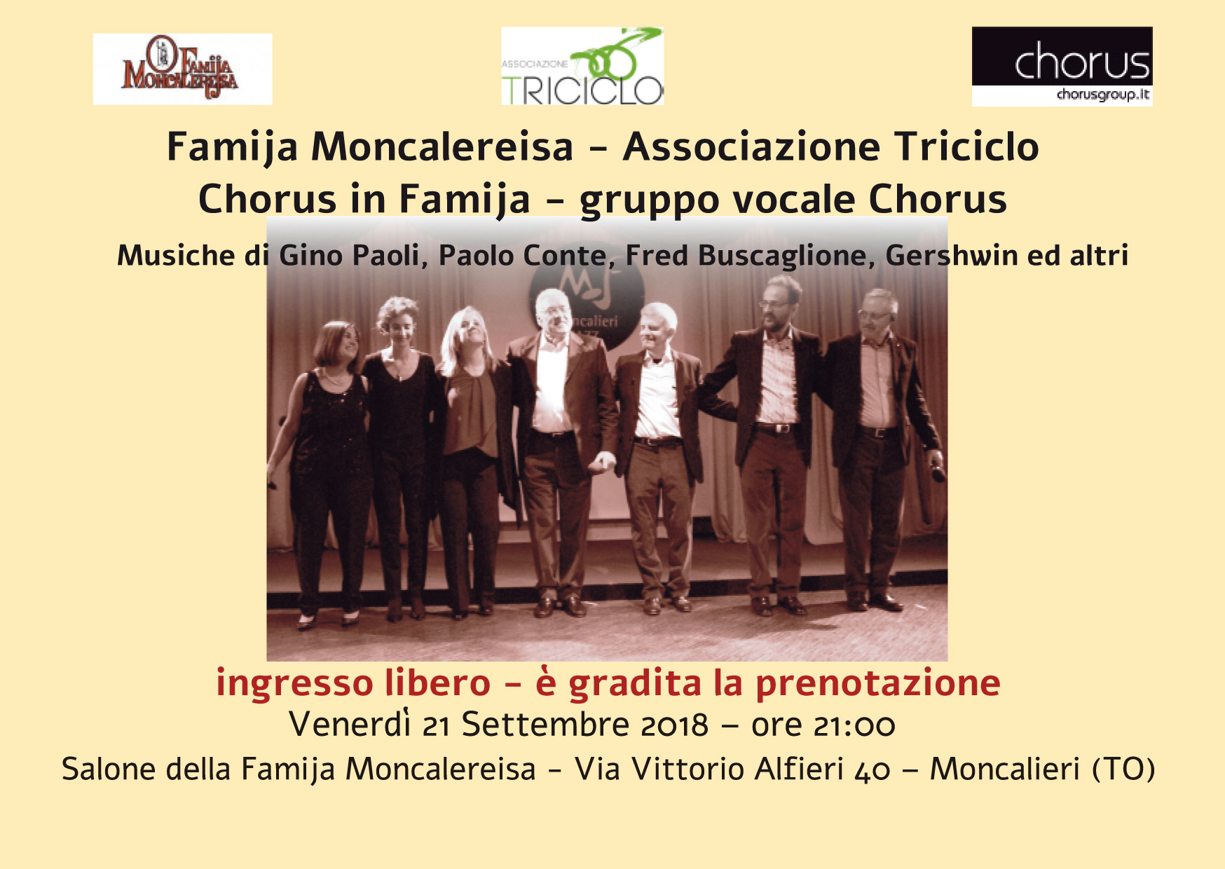 Fronte della cartolina del concerto con il coro "Chorus" cartolina del concerto