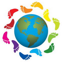 Impronta sul mondo Clipart con disegnata la terra circondata da impronte di piedi colorate